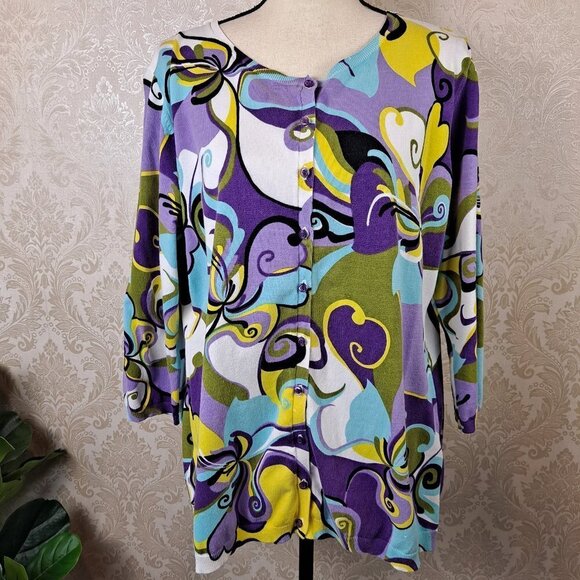 August Silk Size 1X Cardigan Multi Color Abstract Floral Print 3/4 Sleeves - Picture 1 of 11